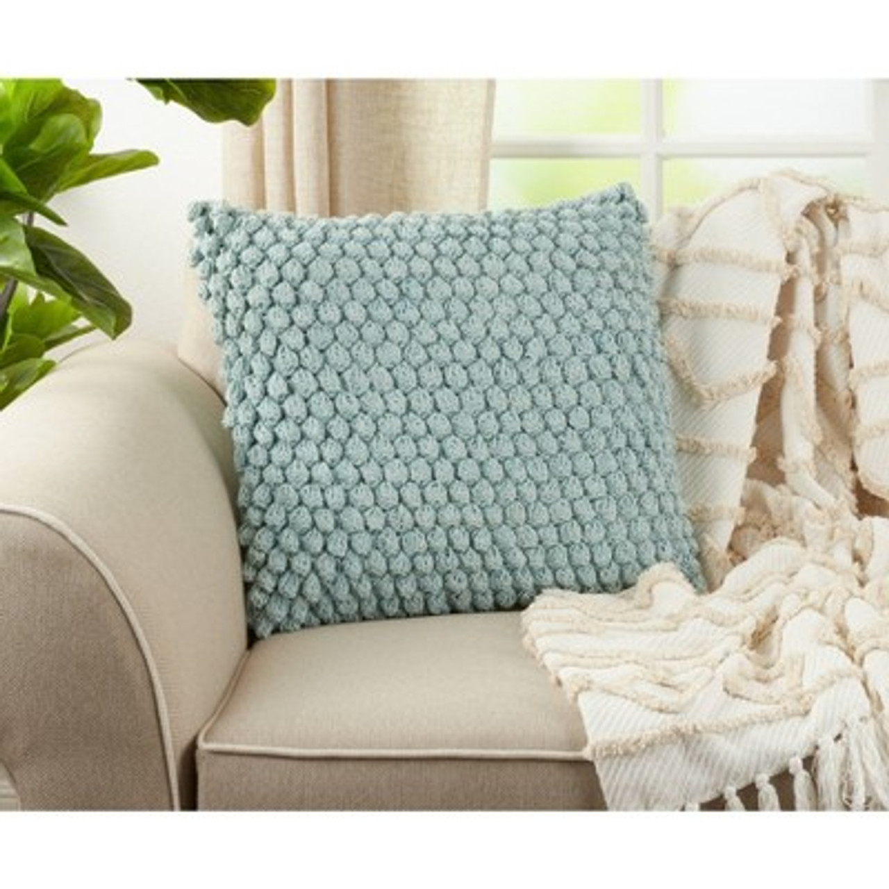 20x20 Oversize Down Filled Crochet Pom-Pom Square Throw Pillow Aqua - Saro Lifestyle