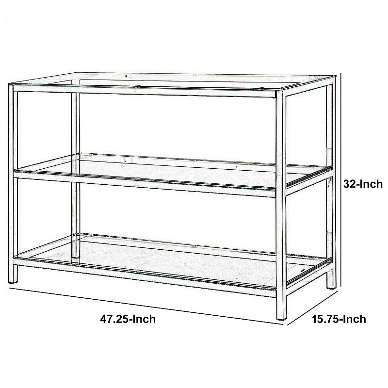 Glass and Metal Frame Sofa Table with 2 Open Shelves， Silver and Clear