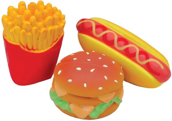 Li'l Pals Hamburger， Fries， and Hot Dog Squeaky Dog Toy Set， 3 count