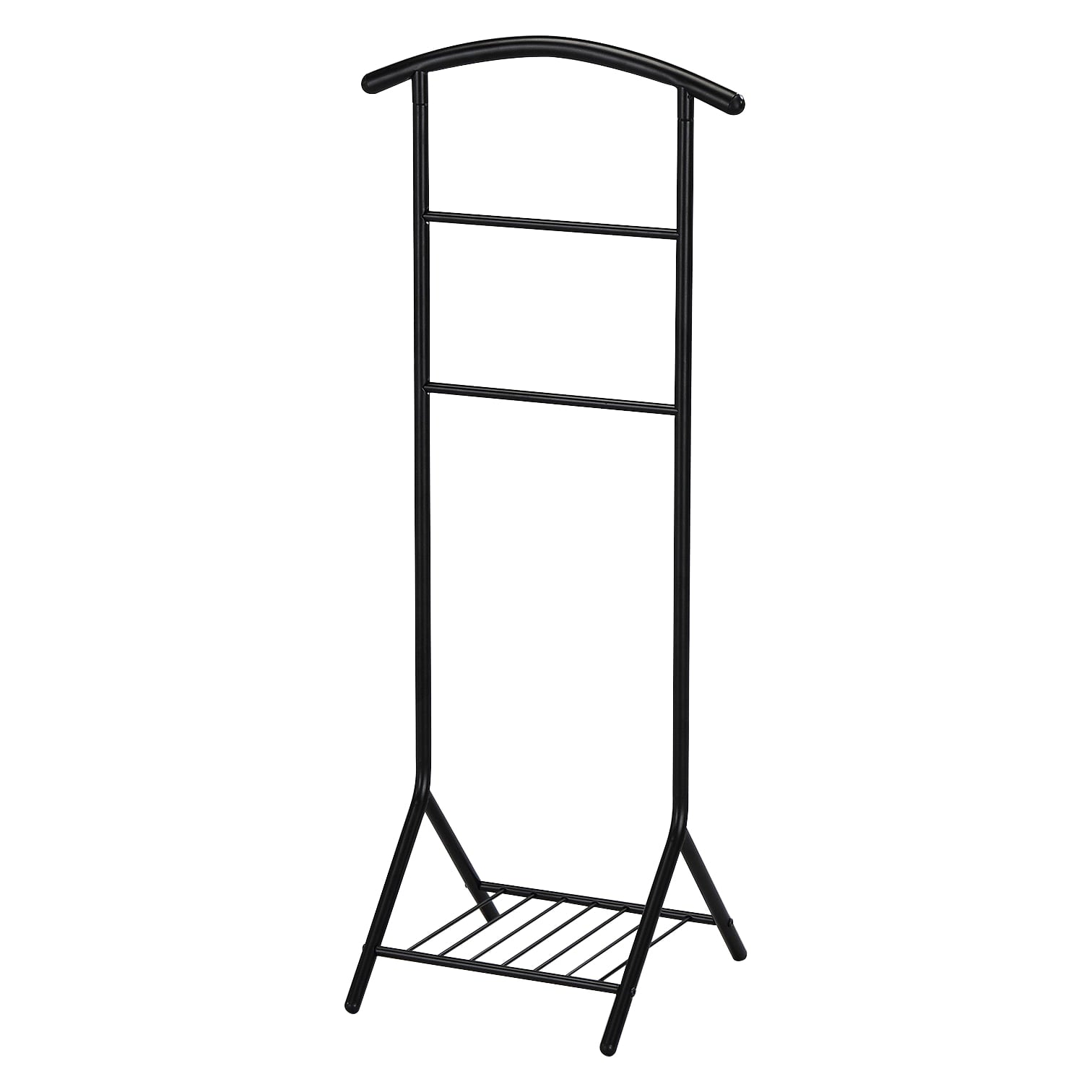 Black Metal Coat Suit Valet Stand Organizer Rack With Storage Shelf