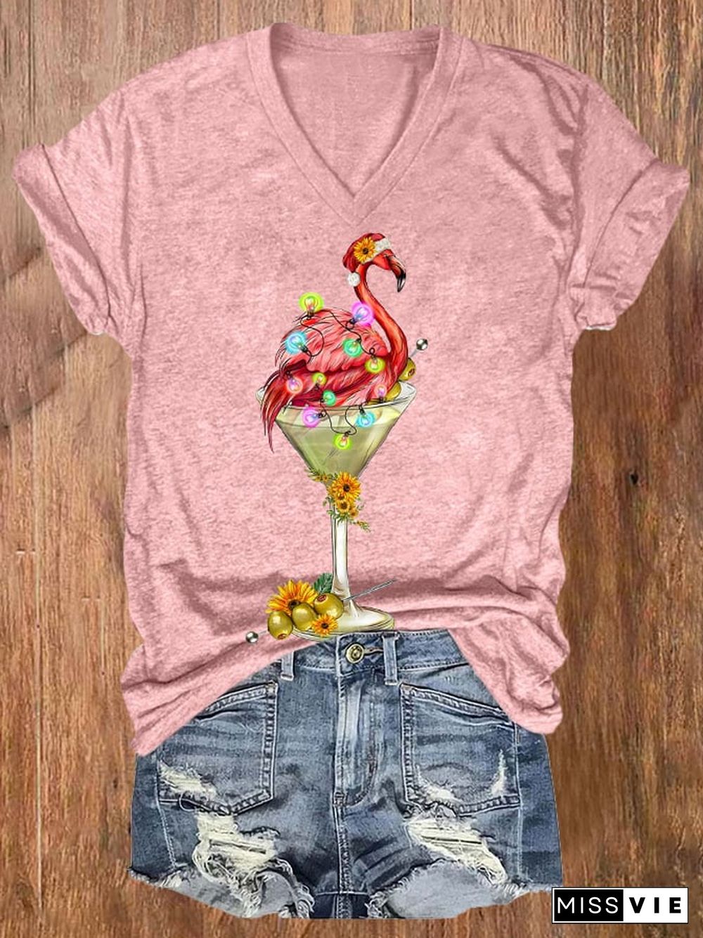 Women's Christmas Martin Flamingo Print Casual T-Shirt