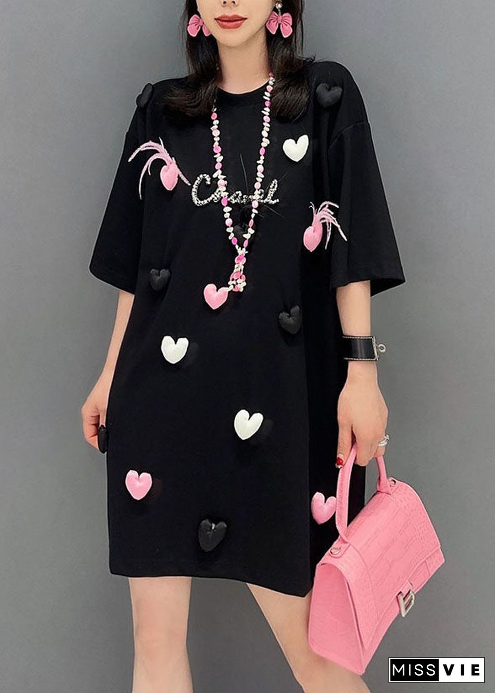 Modern Black O Neck Heart Print Cotton T Shirt Top Summer