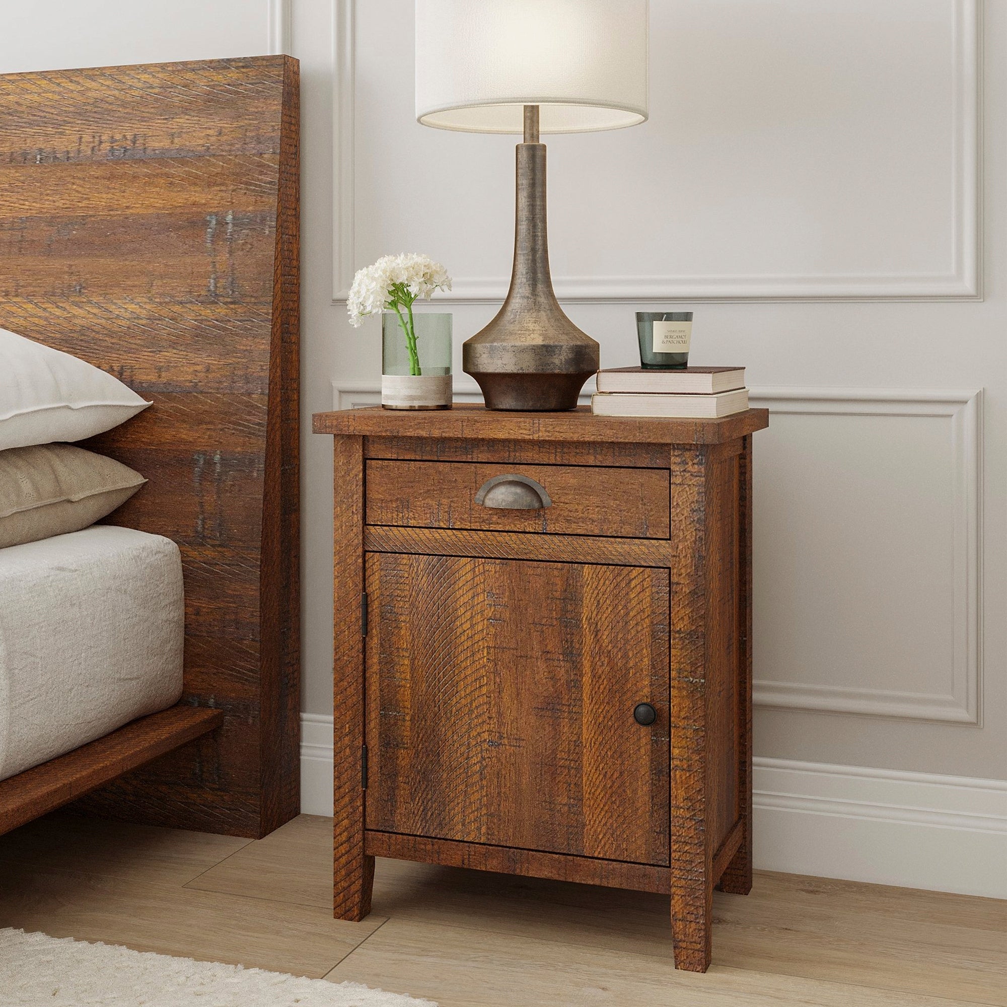 Natural Wood 1-Drawer Nightstand Bedside Cabinet for Bedroom - - 35893512