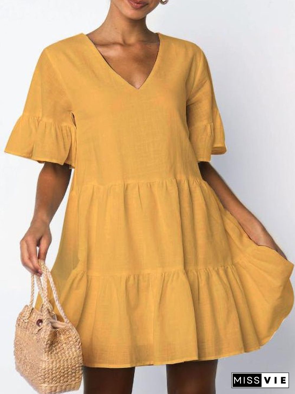 Women'S Dresses V-Neck Short Sleeve Ruffle Dress