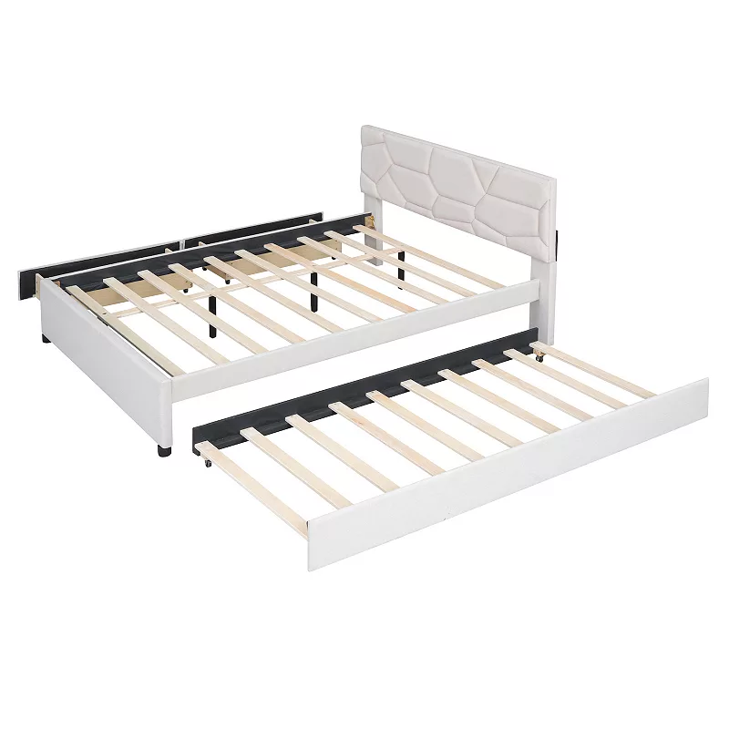 Merax Upholstered Platform Bed With Twin Xl Size Trundle And Drawers