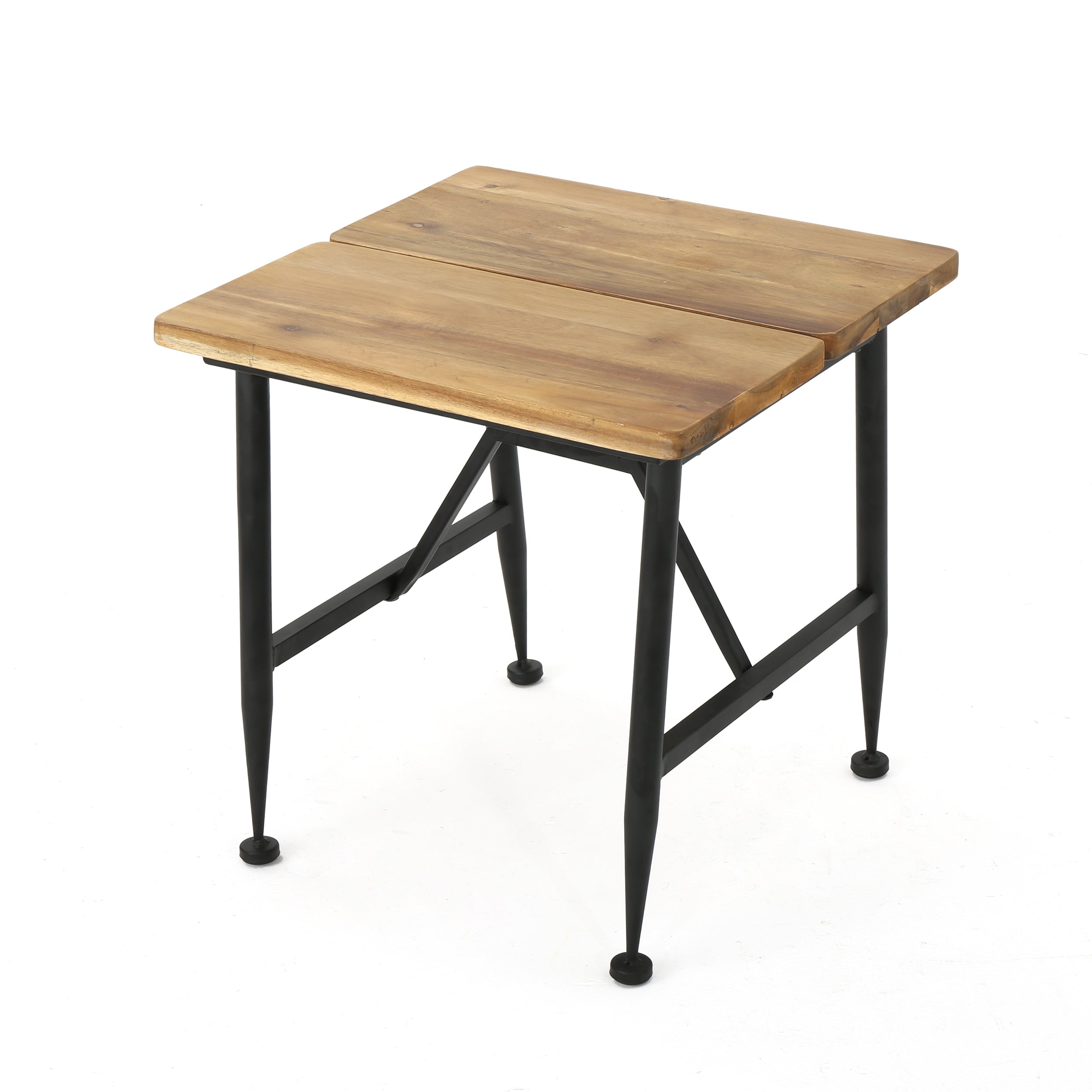 Ellaria Outdoor Rustic Industrial Acacia Wood End Table with Metal Frame, Teak and Black