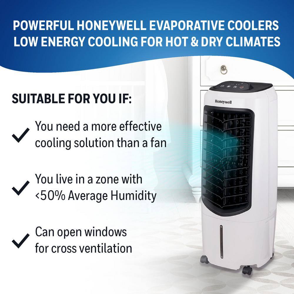 Honeywell 194 CFM 3-Speed Portable Evaporative Cooler Quiet Low Energy Compact Spot Fan and Humidifier in White TC10PEU