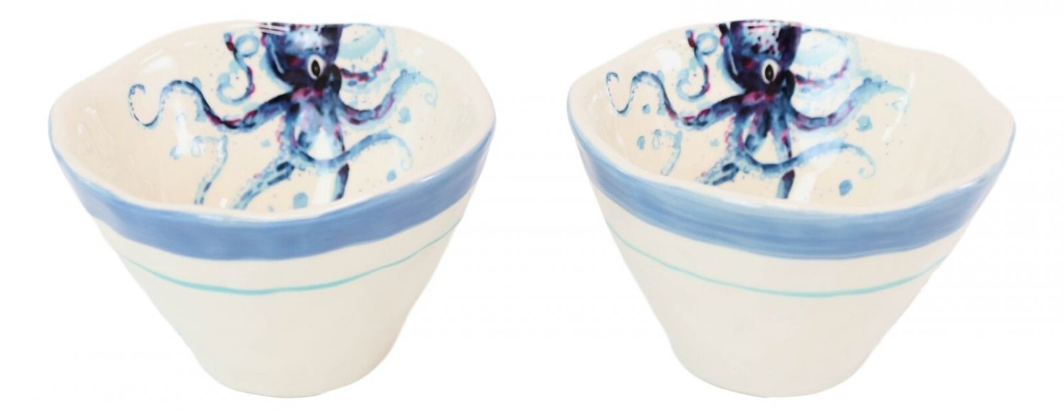 1 Nautical Blue And White Octopus Cereal Small Rice Soup Ceramic Bowls Pack Of 2 EBR02