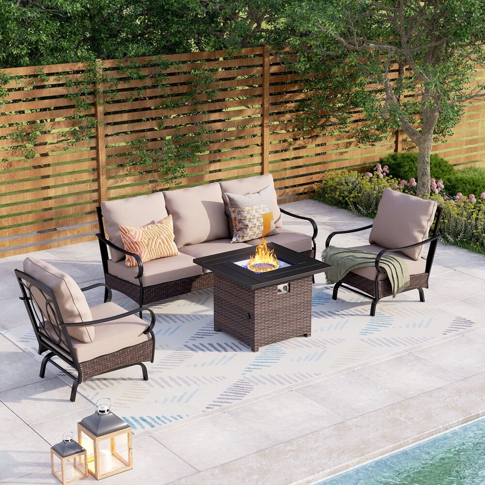 Wicker Patio Conversation Set with Gas Fire Pit Table