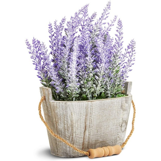 Artificial Lavender Fake Flower Plant In Rustic Oval Wooden Box For Decorations