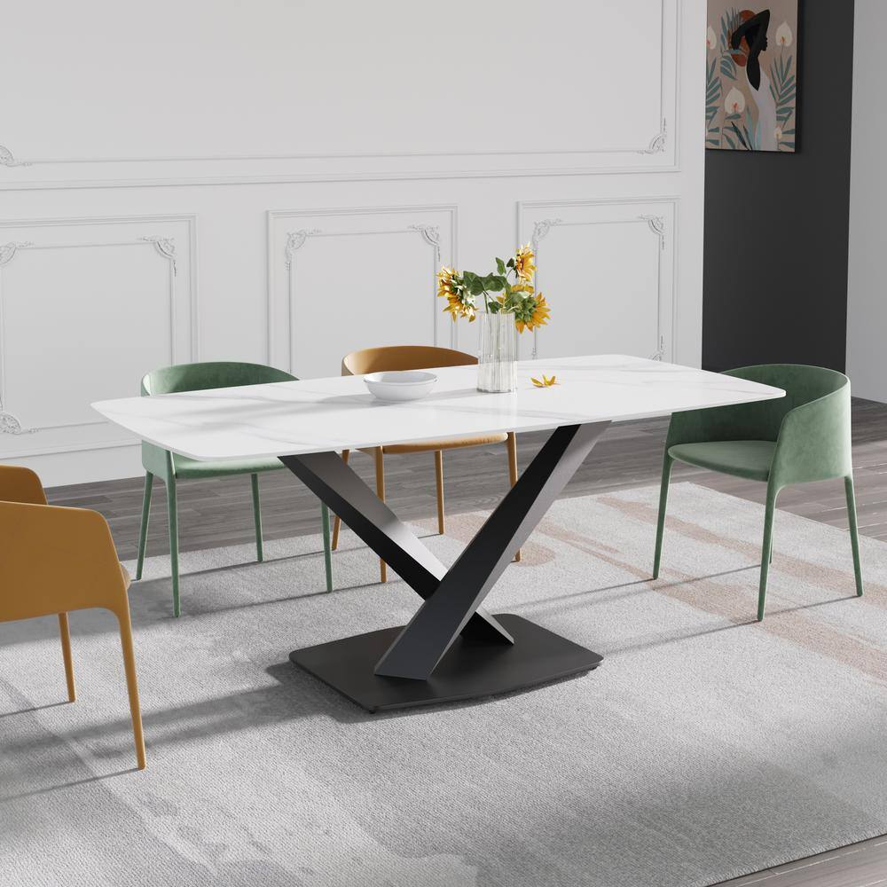 JE Home 70.87 in. Rectangle White and Black Sintered Stone Tabletop Dining Table with Carbon Steel Base (Seats 8) JE-DTT18AGDTL3B