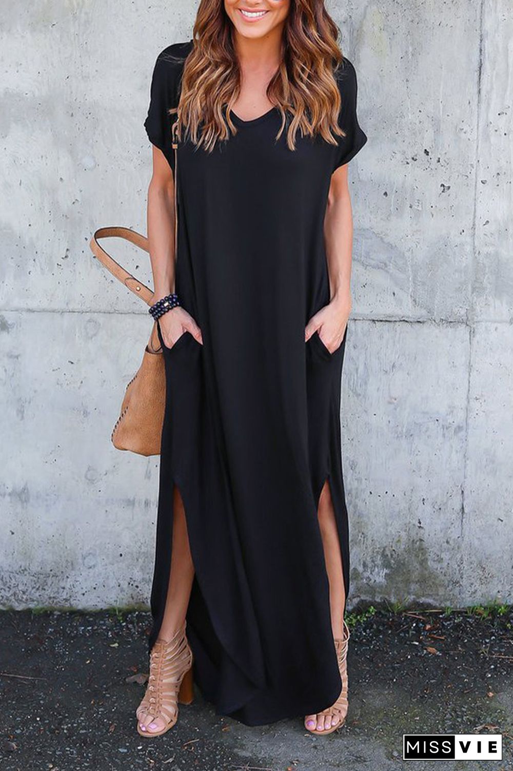 Black V Neck Split Maxi Dress