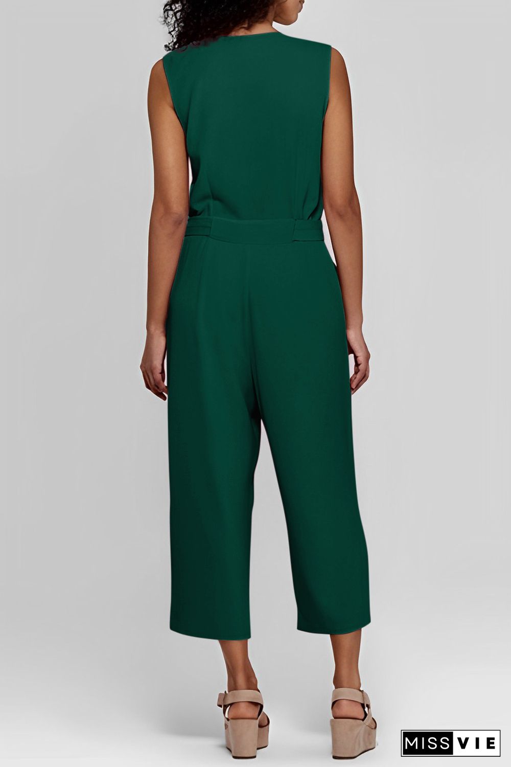 Green Buttoned Sleeveless Cropped Jumpsuit with Sash