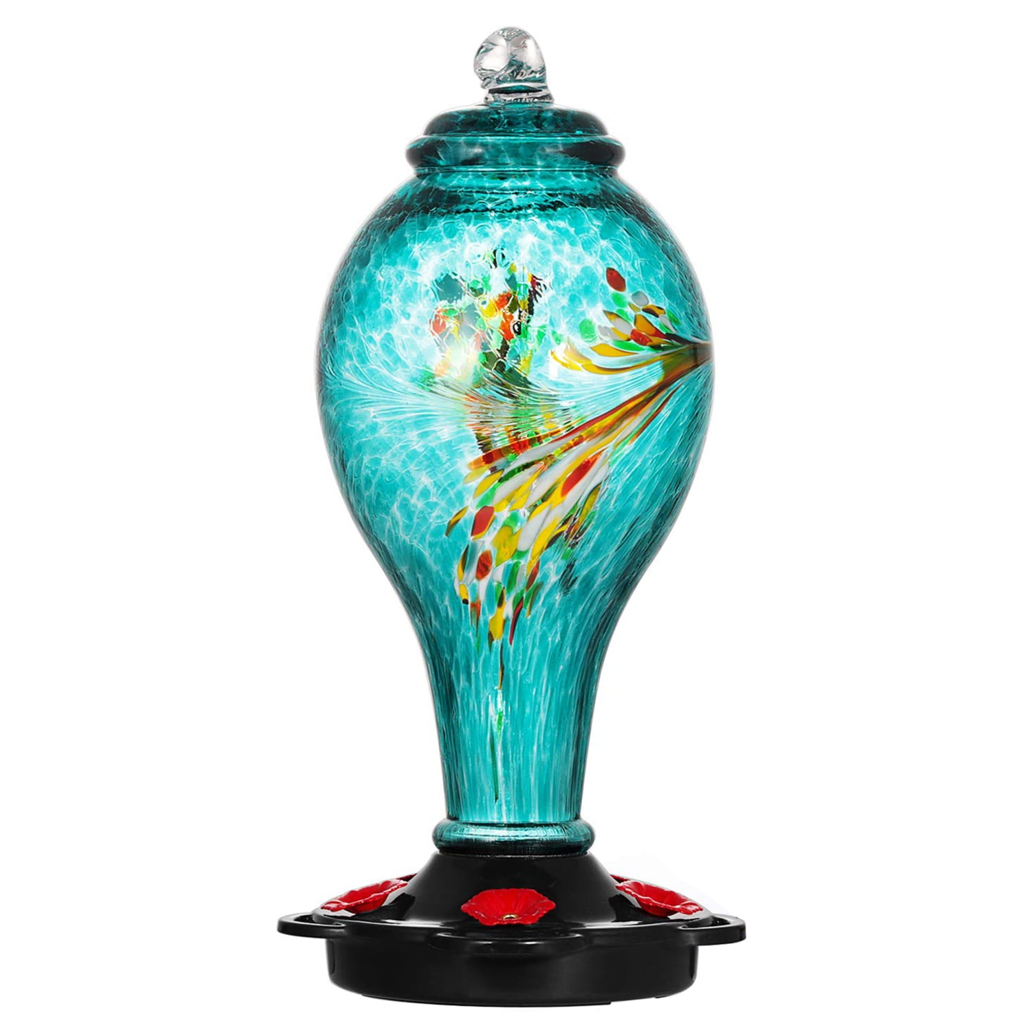 LUJII Hummingbird Feeder， Hand Blown Glass Hummingbird Feeder， Never Fade， 36 Fluid Ounces， 5 Feeding Metal Stations， Much Bigger， Garden Backyard Decorative， Containing Ant Moat， Teal