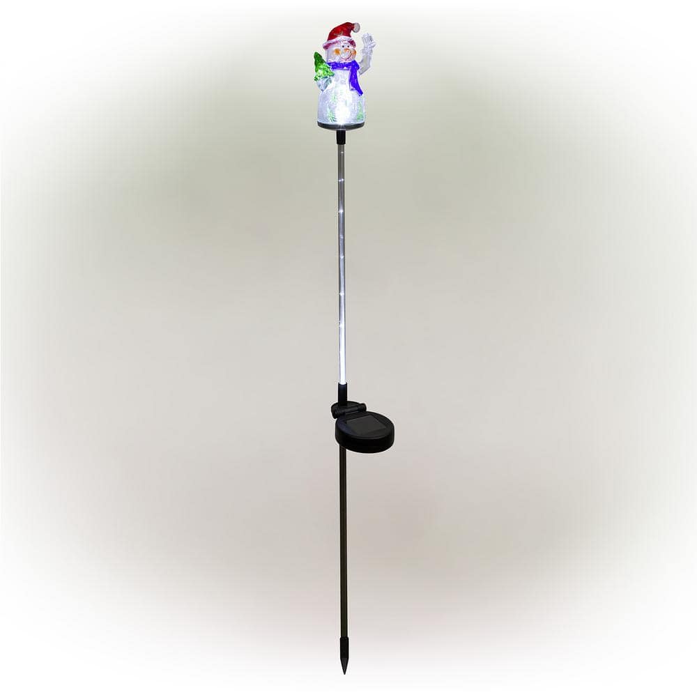 Alpine Corporation 34 in. Tall Solar Snowman Fiber Optic Garden Stake with LED Lights, Set of 2 QLP1103SLR-2