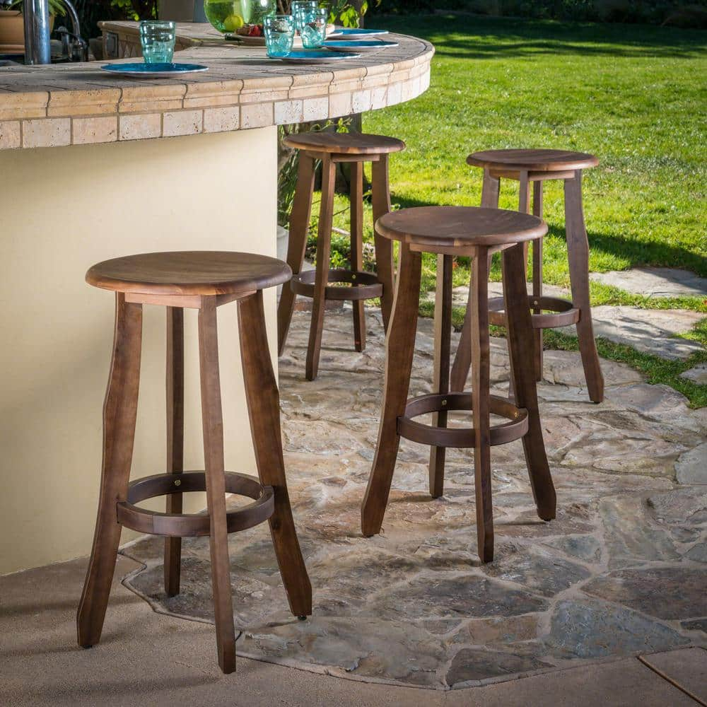 Noble House Pike Dark Brown Wood Outdoor Bar Stool (4-Pack) 40791