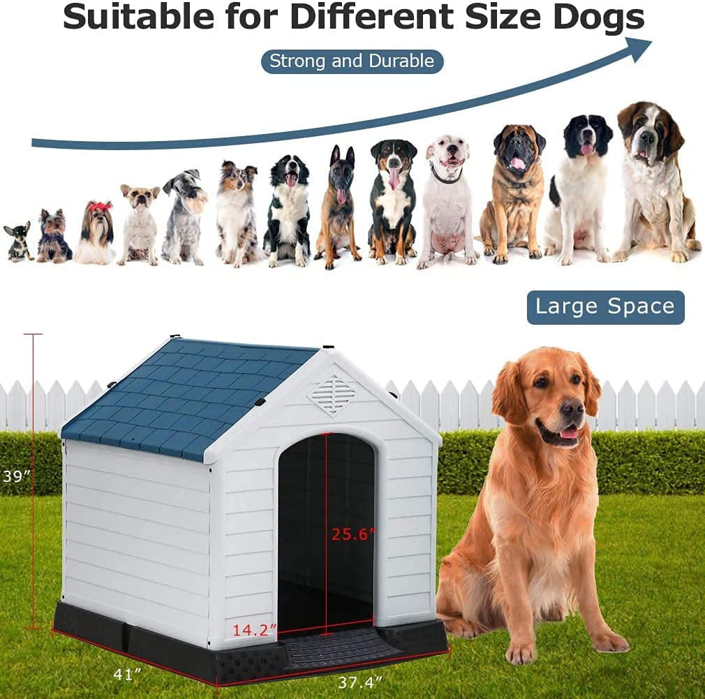 Extra Large Dog House for Large Medium Dogs 41x37.4x39 inch Plastic Water Resistant Dog Houses with Hight Base Support for Winter Tough Durable House with Air Vents Elevated Floor