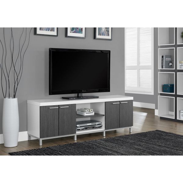 Tv Stand， 60 Inch， Console， Media Entertainment Center， Storage Cabinet， Living Room， Bedroom， White And Grey Laminate， Contemporary， Modern