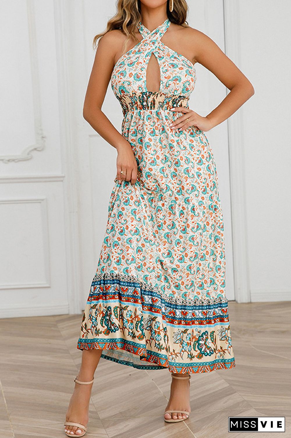 Twisted Halter Hollow Out Smocked Waist Boho Floral Maxi Dress