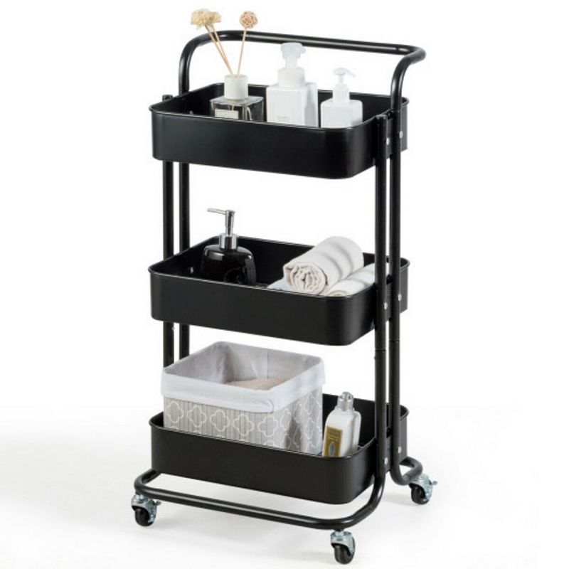 3-Tier Metal Rolling Storage Cart Trolley 2 Brakes with Handle-Black