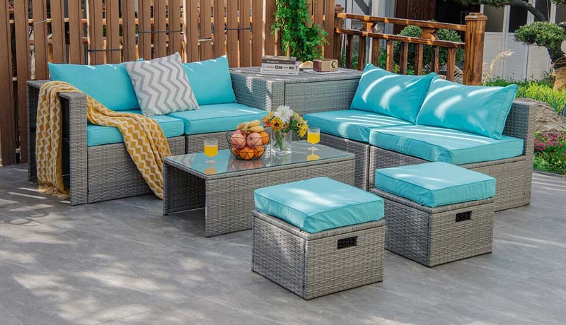 8 Pcs Rattan Patio Sectional Furniture Set Wicker Outdoor Cushioned Sofa Set with Storage Box & Waterproof Cover