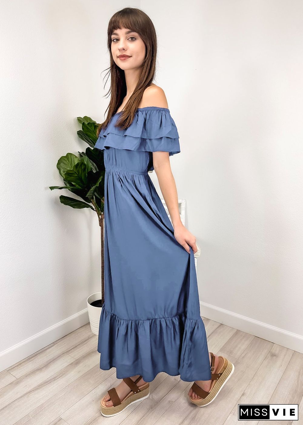 Grecian Ruffle Stretch Maxi Long Dress