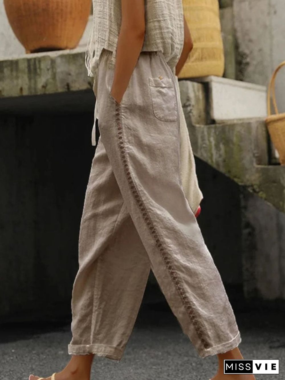 Hollow-Out Lace-Trimmed Paneled Elastic Waist Casual Pants