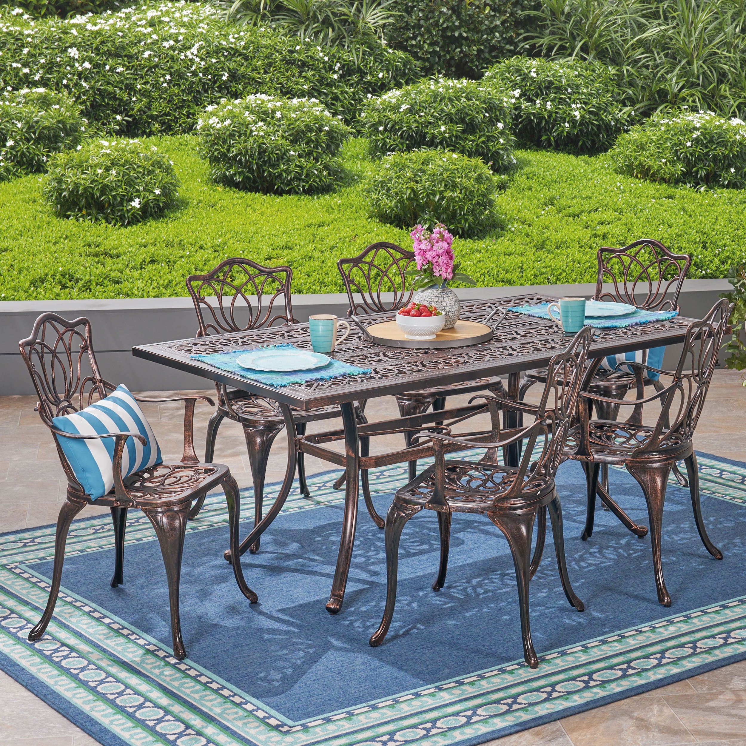 Barbara Outdoor 6-Seater Cast Aluminum Rectangular-Table Dining Set, Shiny Copper