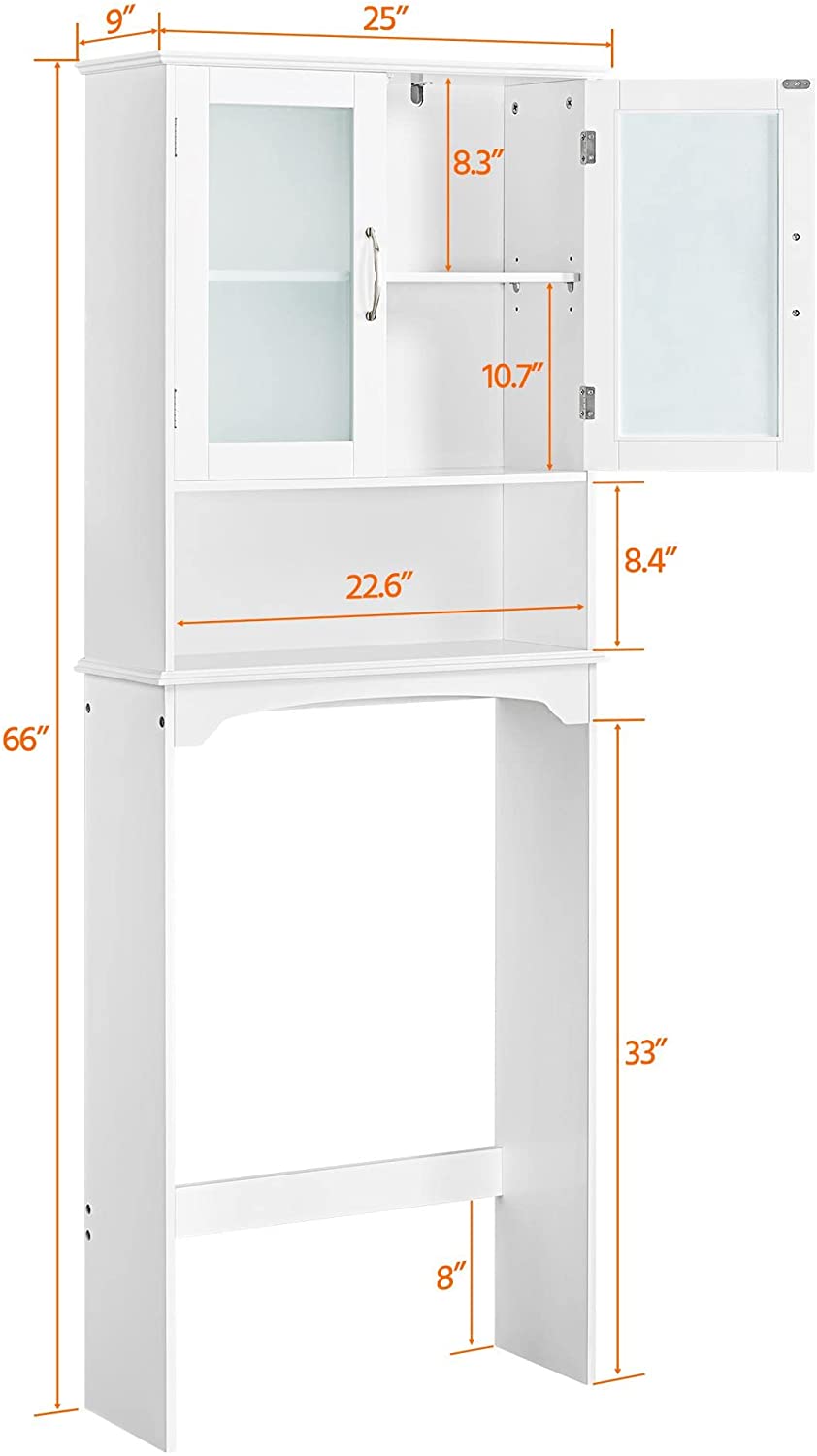 Over The Toilet Storage Cabinet with Double Tempered Glass Doors and Adjustable Shelf, Freestanding Bathroom Storage Rack, 66 Inches Height