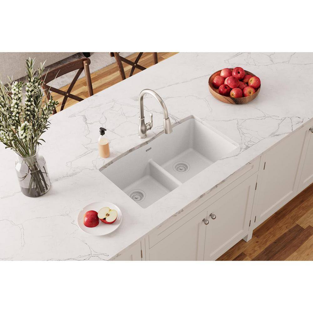 Elkay Quartz Classic White Quartz 33 in. Equal Double Bowl Undermount Kitchen Sink with Aqua Divide ELGDULB3322WH0