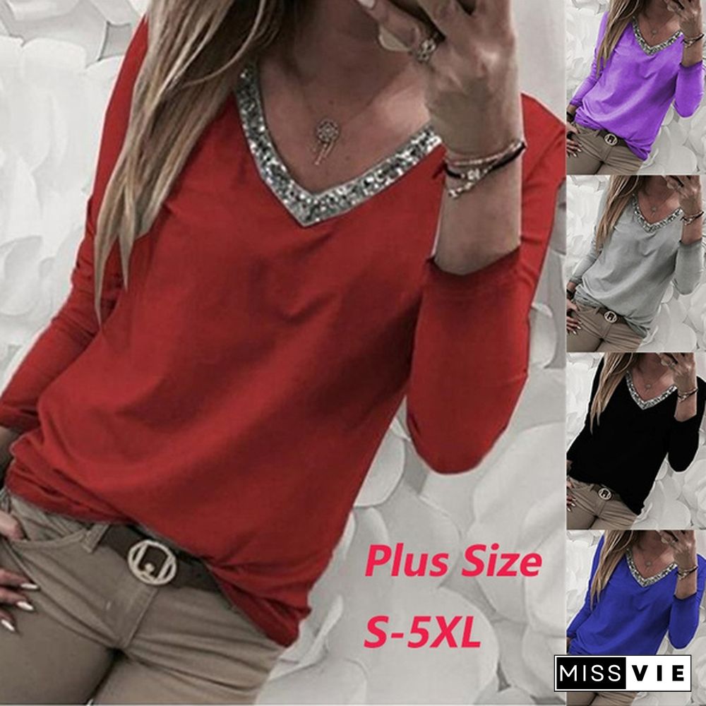 Spring New Fashion Women's Casual Clothing V-neck Sequins Long Sleeved Shirt Plus Size Blouse Tops S-5XL