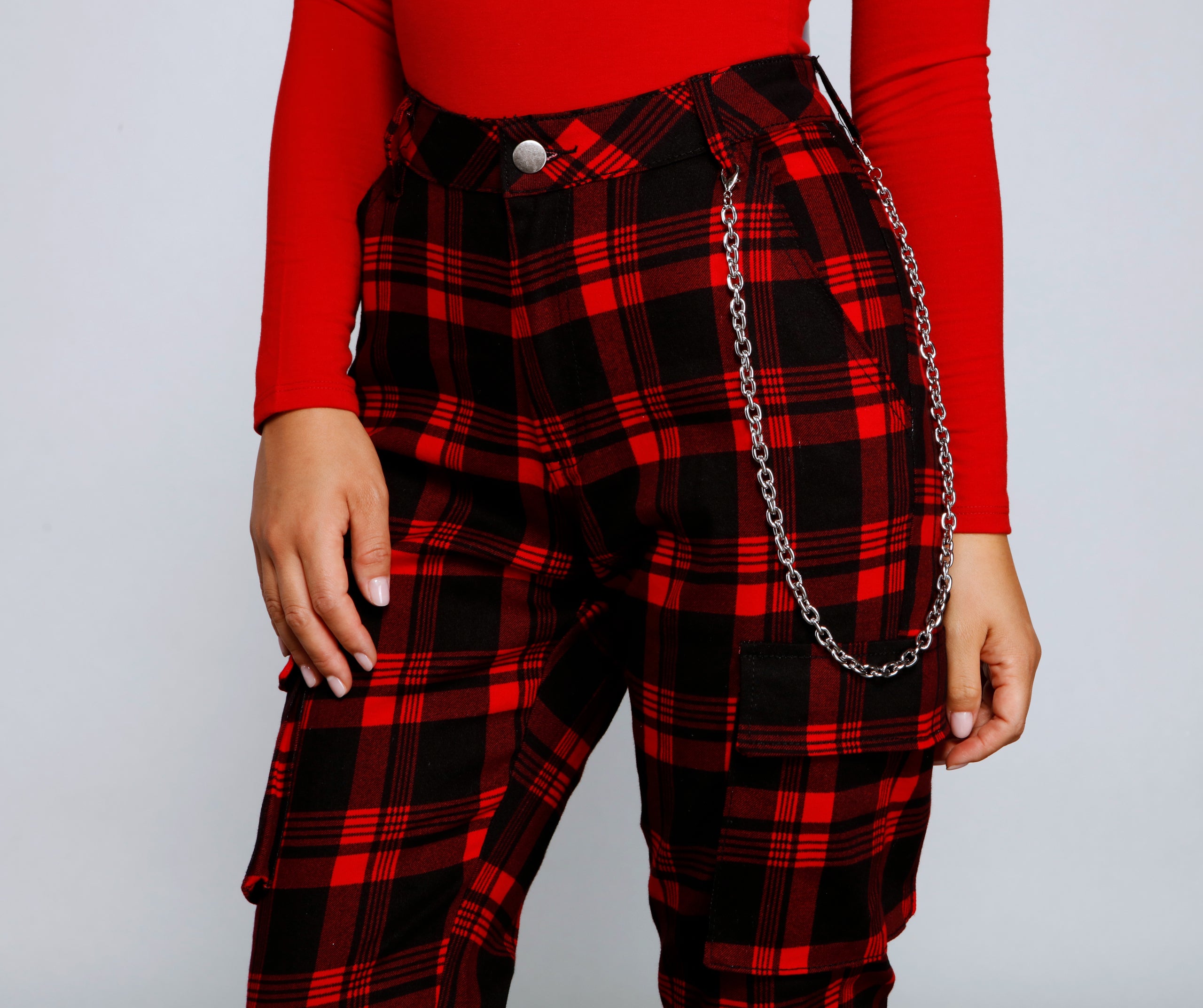 High Waist Plaid Joggers With Chain