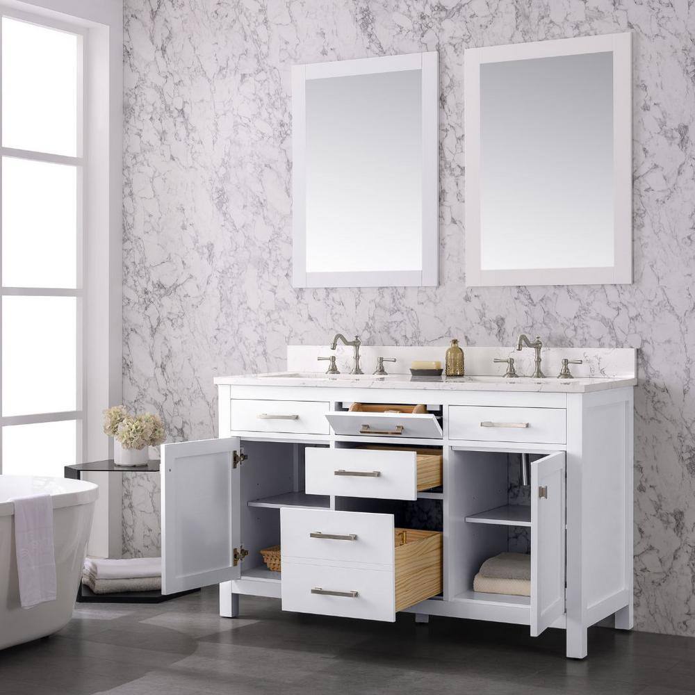 SUDIO Jasper 54 in. W x 22 in. D Bath Vanity in White with Engineered Stone Vanity Top in Carrara White with White Basins Jasper-54W-D