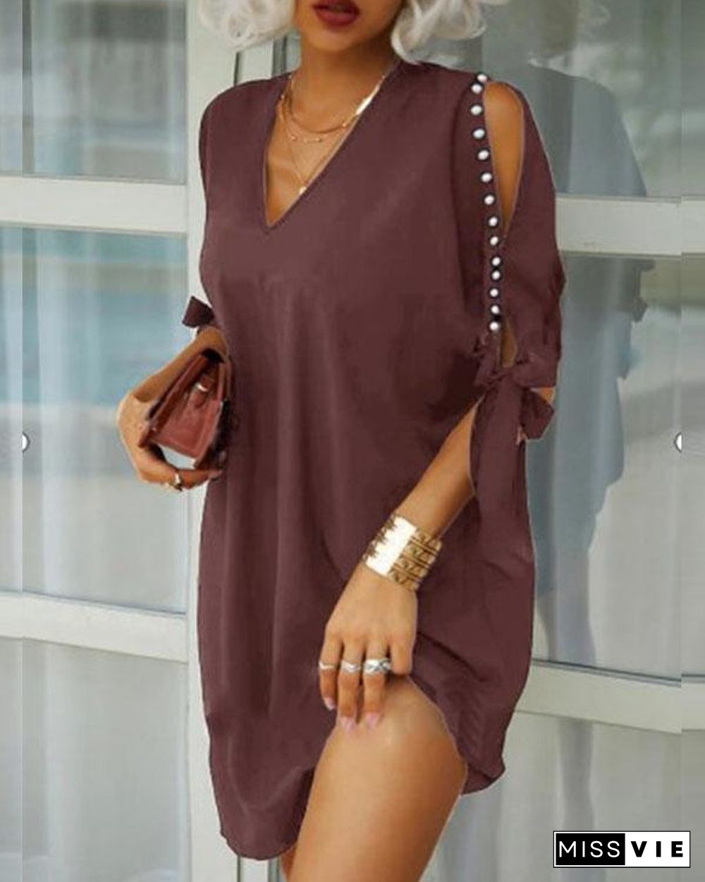 Fashion Daily Cold Shoulder V Neck Lace up Sleeve Mini Dresses