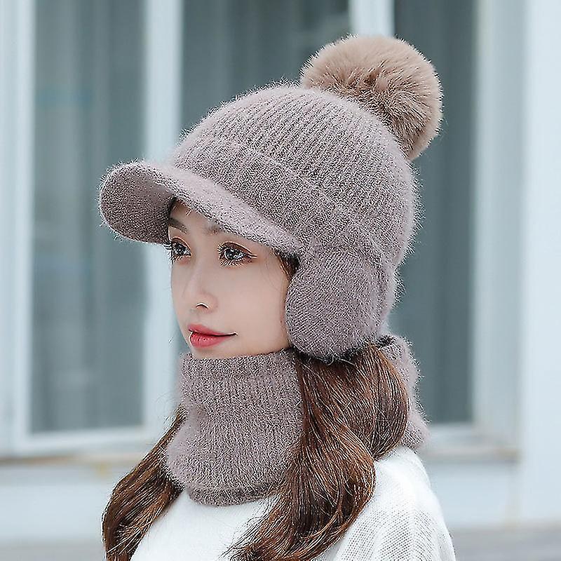 Womens Earmuffs Scarf Hat Flocking Thermal Cycling Warm Winter Scarf Hat Knitting Women Vintage Baseball Cap2pcswhite