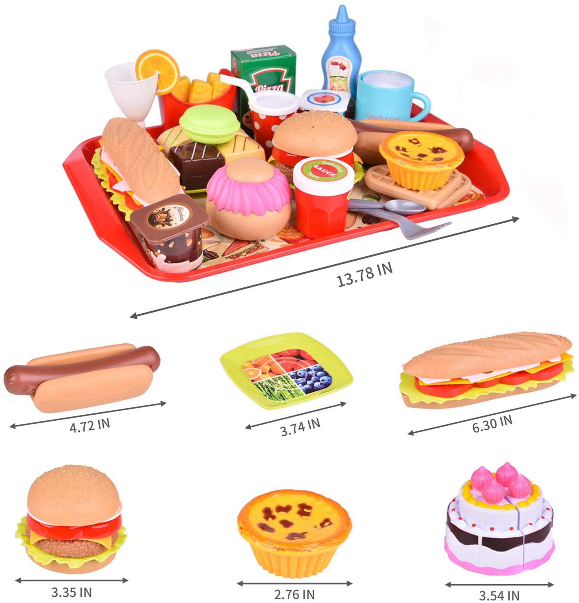 Fun Little Toys 49 Pcs Play Food for Kids Kitchen, Toy Foods with Cutting Fruits, Cake and Fast Food for Pretend Play