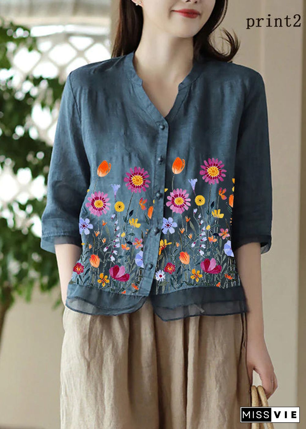 Casual Blue-print2 V Neck Embroideried Solid Ramie Shirt Half Sleeve