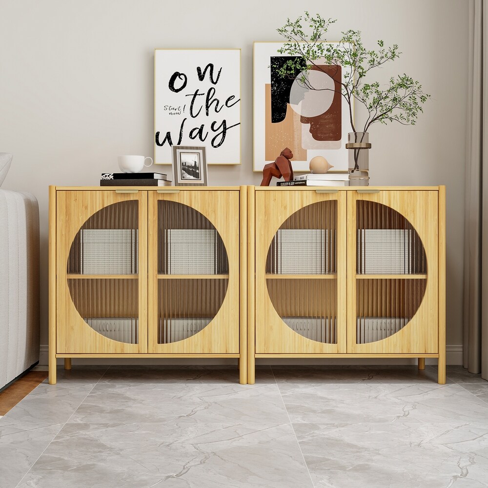 Bamboo 2 Door Cabinet  Set of 2  Buffet Sideboard Storage Cabinet  Buffet Server Console Table with Glass Doors