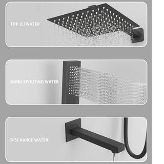 Kingdely 3-Spray Patterns Wall Bar Shower Kit With Hand Shower and 9.8 in. Square Rain Shower Head With Valve in Matte Black LBB-KF020287-01-c