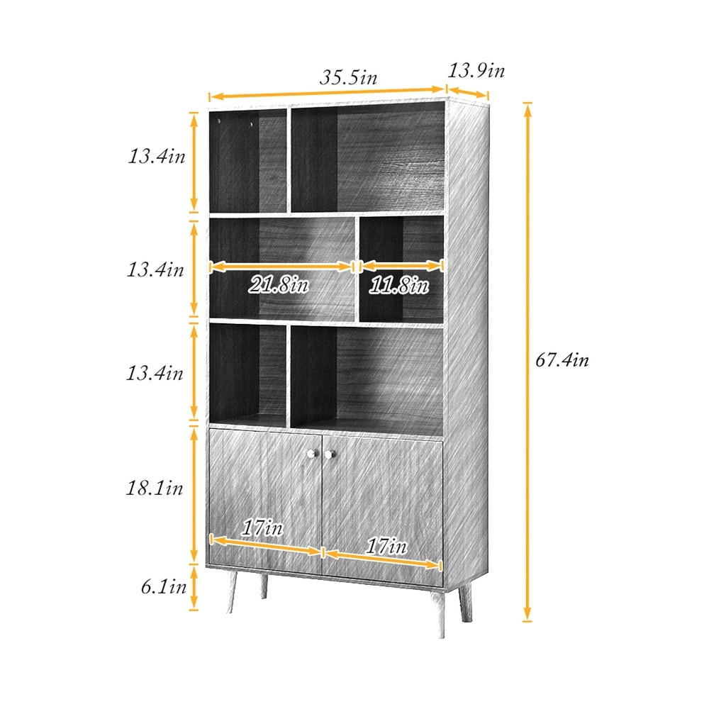 5 Tier Modern Bookcase Bookshelf with 2 Doors Storage Cabinet