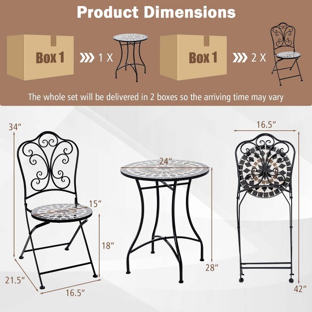 Costway 3pcs Patio Bistro Set Mosaic Pattern Heavy duty Metal Dining Folding Outdoor