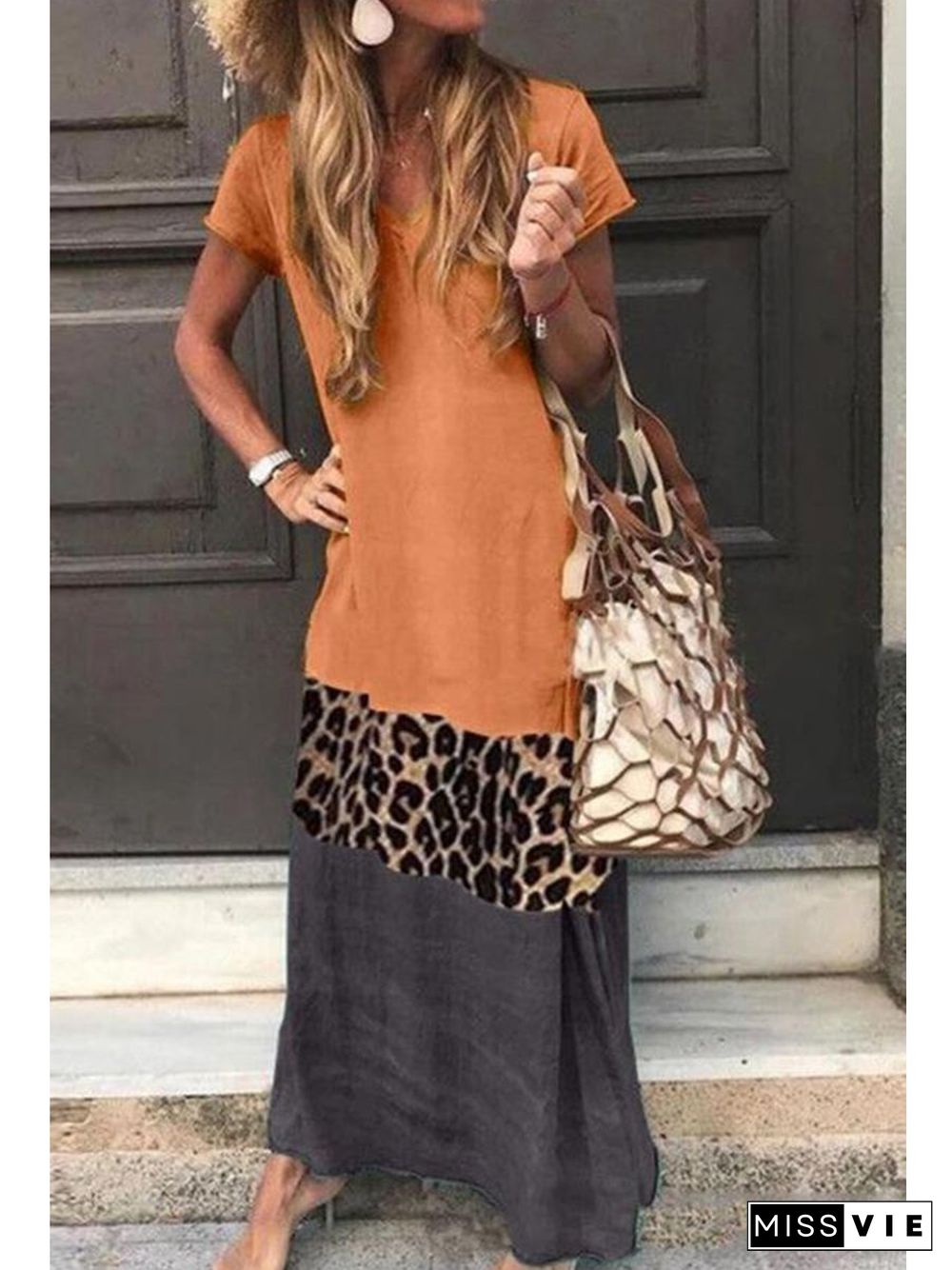 Leopard Printed Contrasted V-neck Maxi Dress (4 Colors) P13169