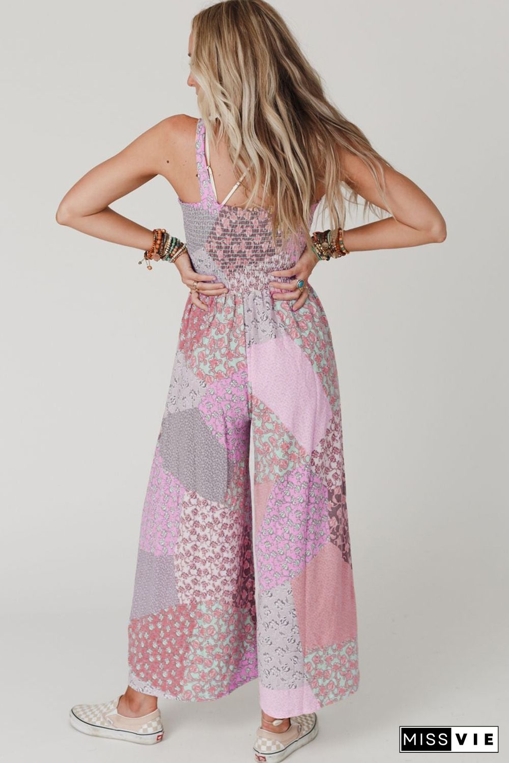 Pink Irregular Patchwork Print Smocked Wide Leg Jumpsuit