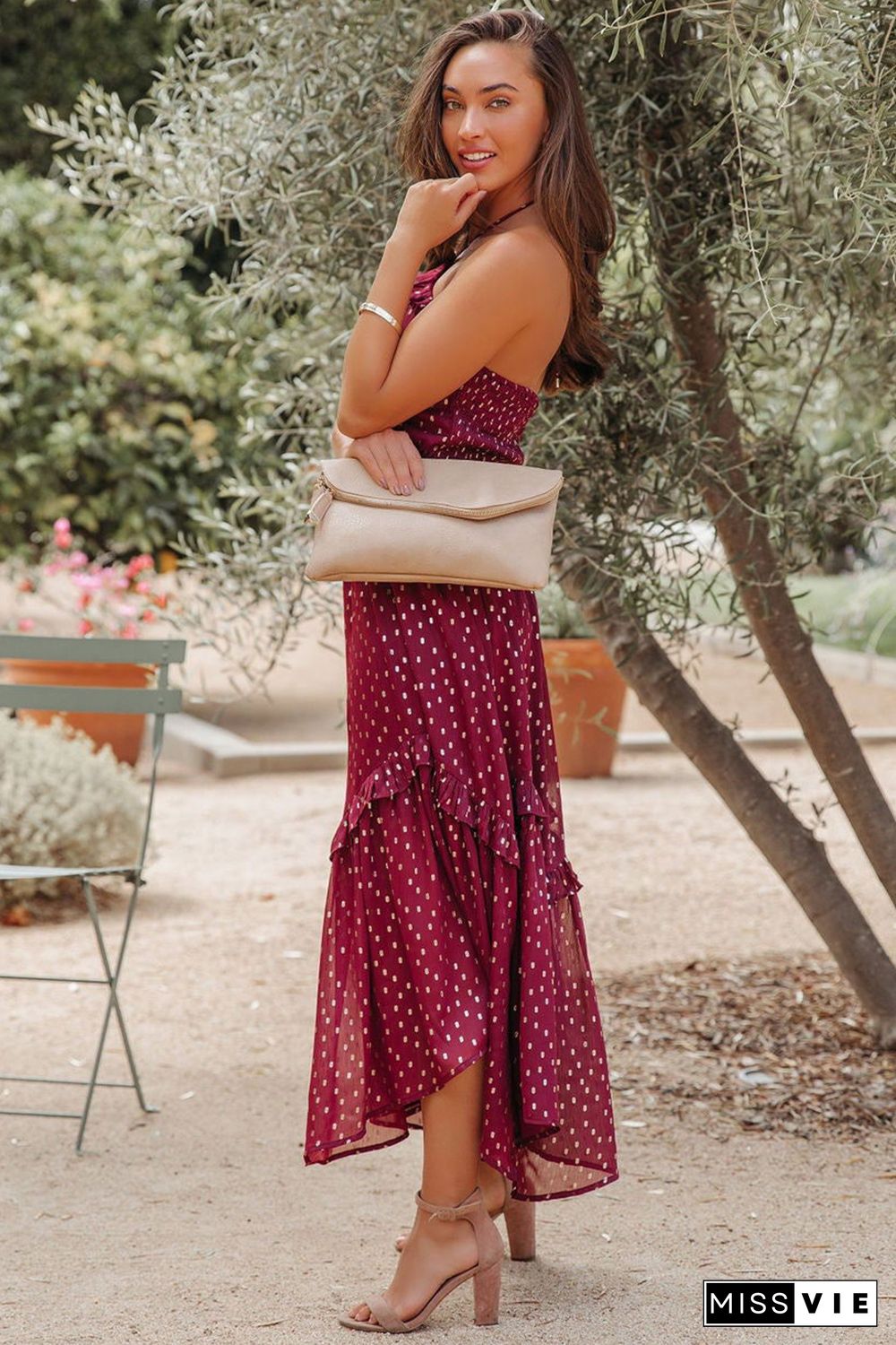 Red Polka Dot Print Ruffled Halter Neck Backless Long Dress