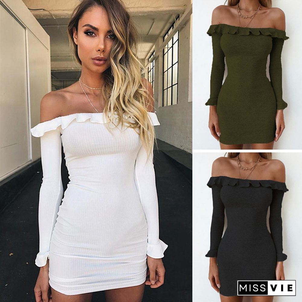 Women's Fashion Off Shoulder Ruffle Dress Long Sleeve Bodycon Dress Mini Dress