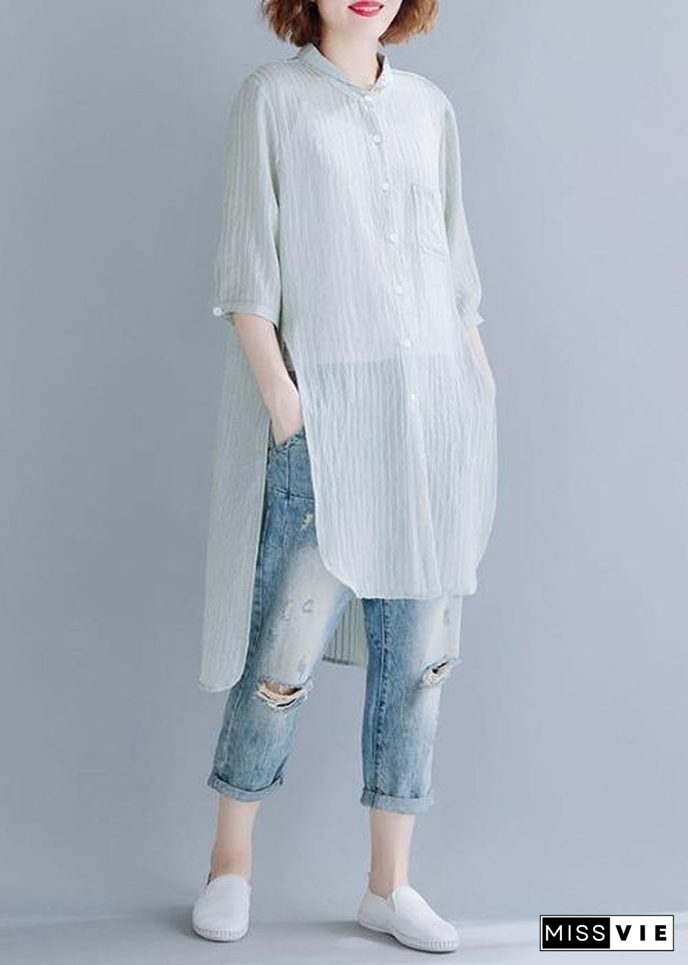 Beautiful light green cotton clothes For Women stand collar oversized shirt