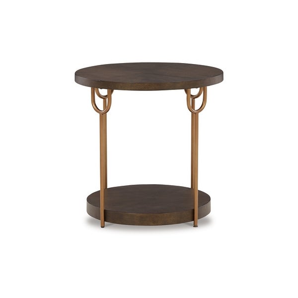 24 Inch Modern Round Side End Table， Espresso Brown Wood， Gold Metal Legs