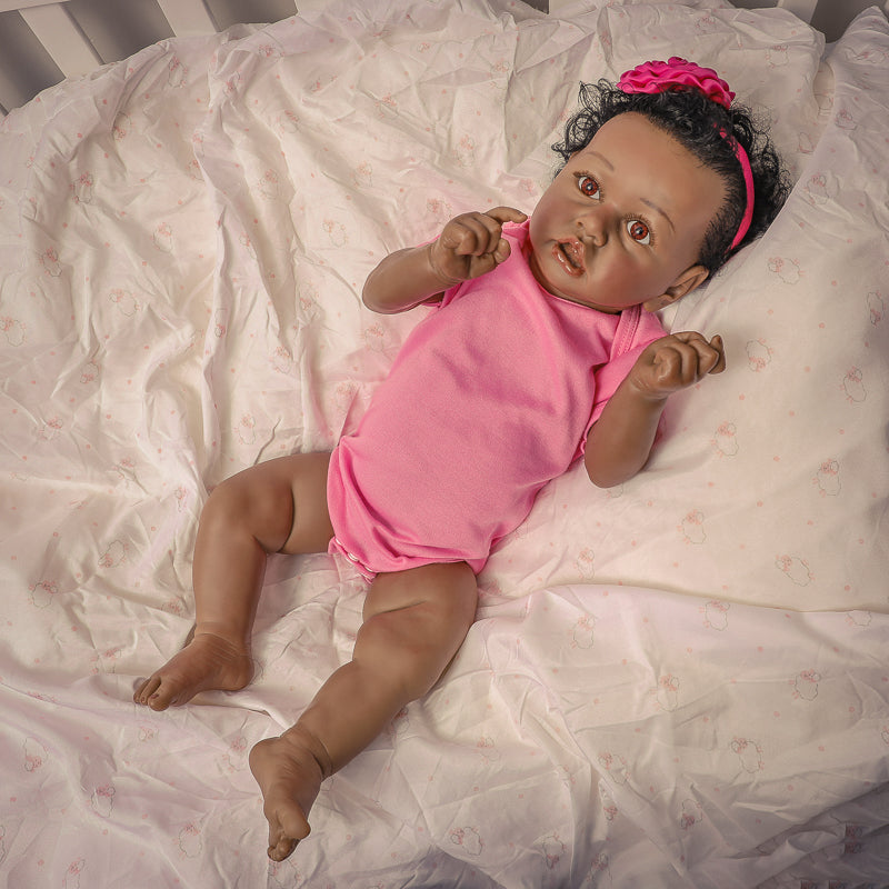 22" Lifelike Reborn Doll Realistic Full Body Reborn Doll Silicone Vinyl Reborn Baby Dolls Handmade Reborn Doll Toys Newborn Baby Doll Realistic Girl Doll for Children Kid Gift Black Skin