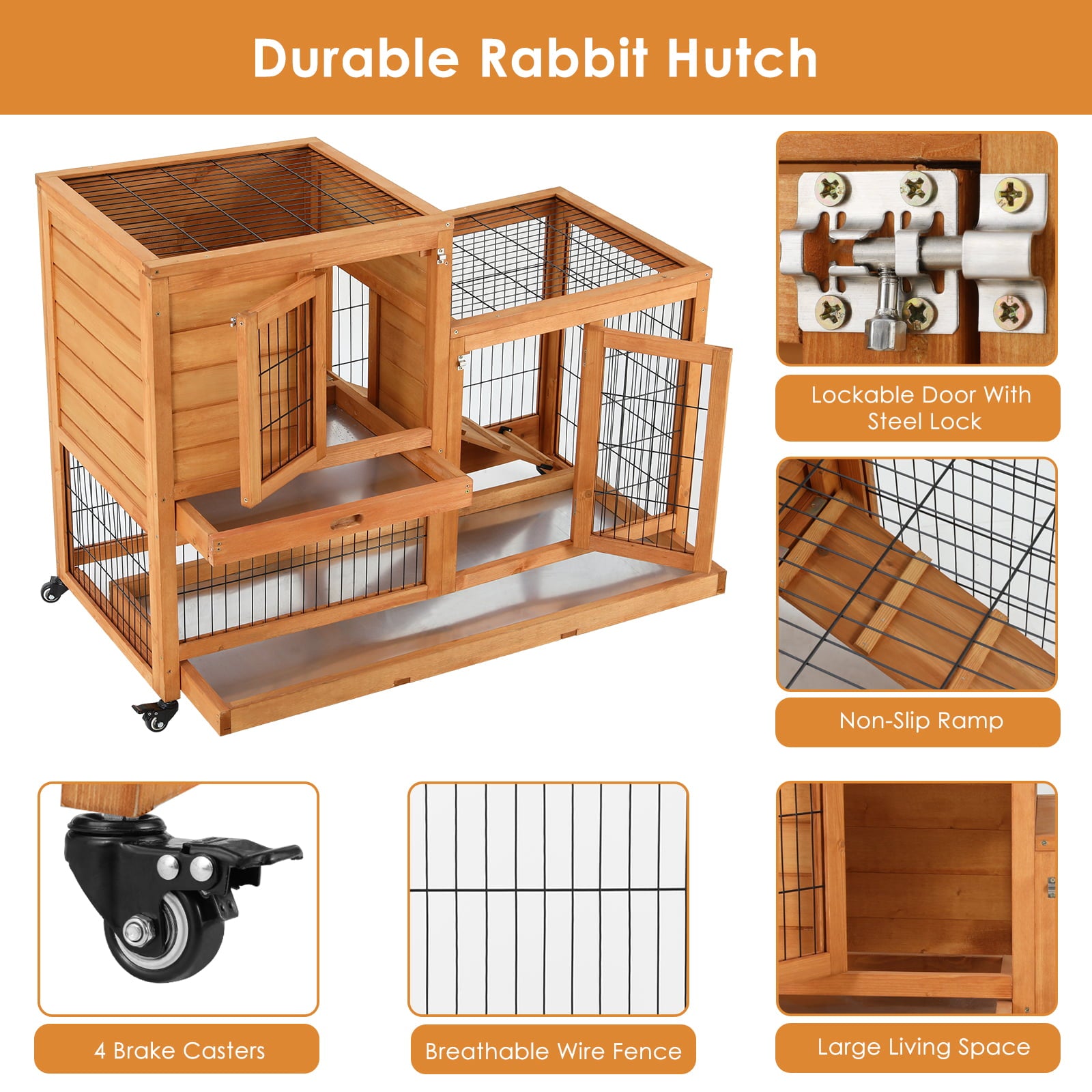 Pirecart Wooden Rabbit Hutch Outdoor Bunny Cage Pet House for Small Animals