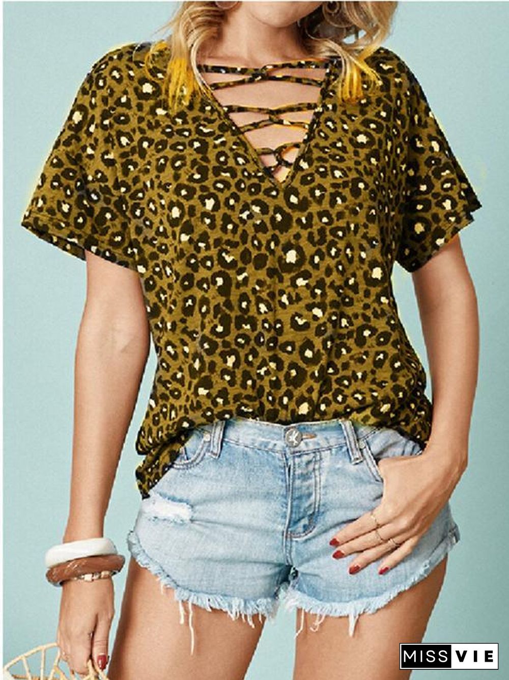 Women's Short Sleeve V-neck Leopard Printed Tops T-shirts